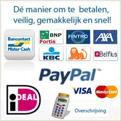 Alle betalingen worden in een veilige, beschermde omgeving uitgevoerd. Betalen is mogelijk met paypal, kredietkaart(visa en mastercard), bankcontact / mister cash (KBC, Belfius, ING, Fortis/BNP paribas, Fintro, VDK, AXA) en IDeal.